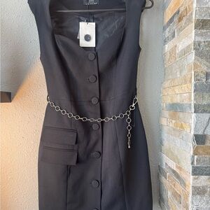 Bershka Black Sleeveless Midi Dress with Silver Chain Belt